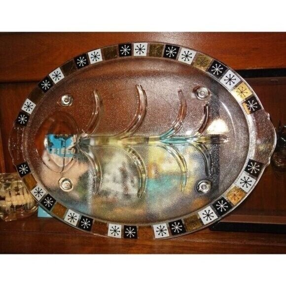 Vintage Inland Glass MCM Clear Meat Platter Atomic Gold Black Starburst tray - Picture 7 of 9